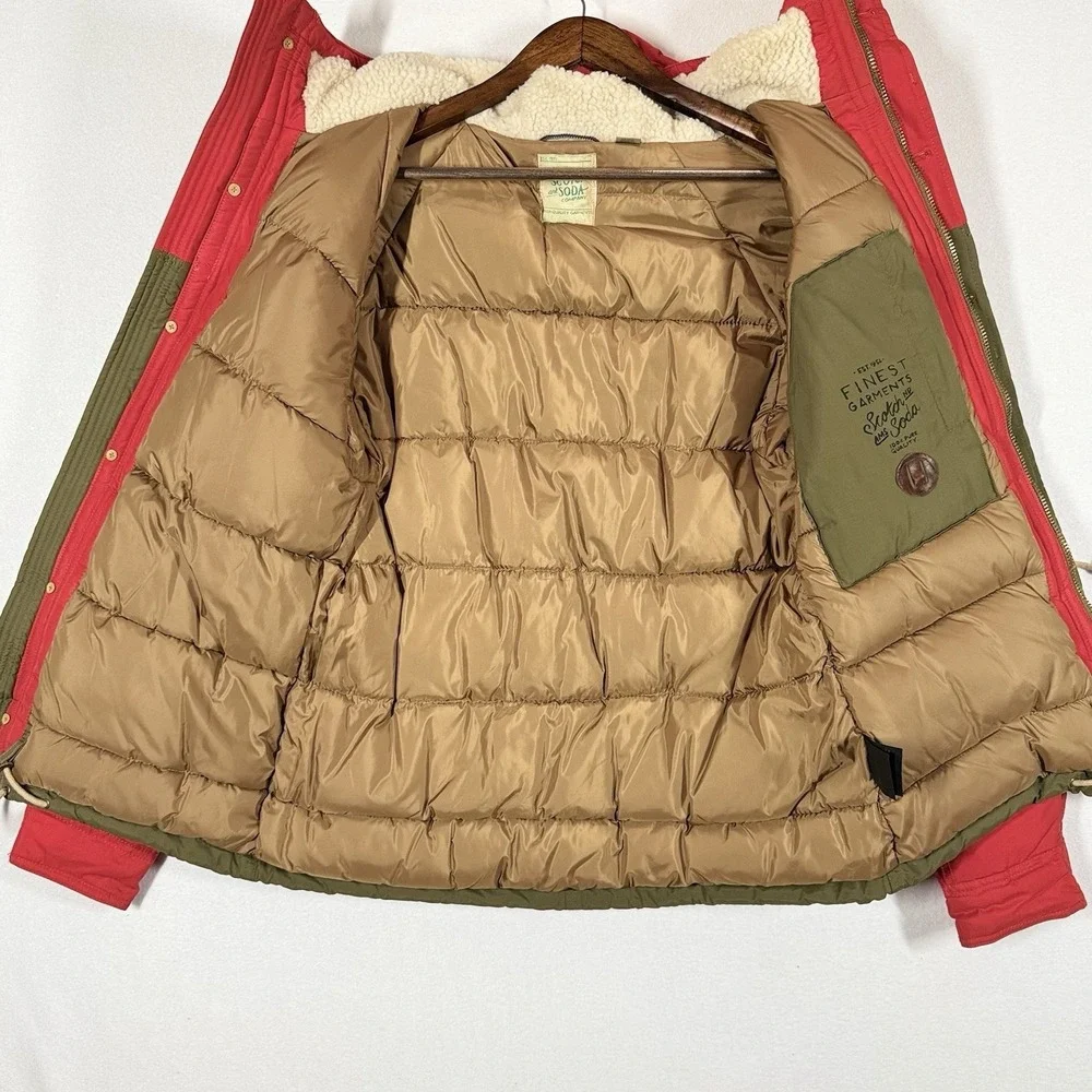 Scotch & Soda Hooded Puffer Jacket Mens S Red Green Sherpa Lined Parka‎